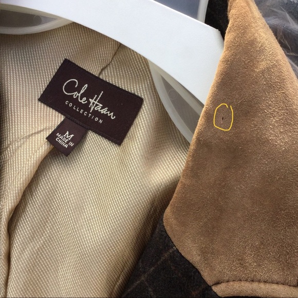 COLE HAAN Plaid Wool Cashmere Leather Overcoat - Picture 8 of 8